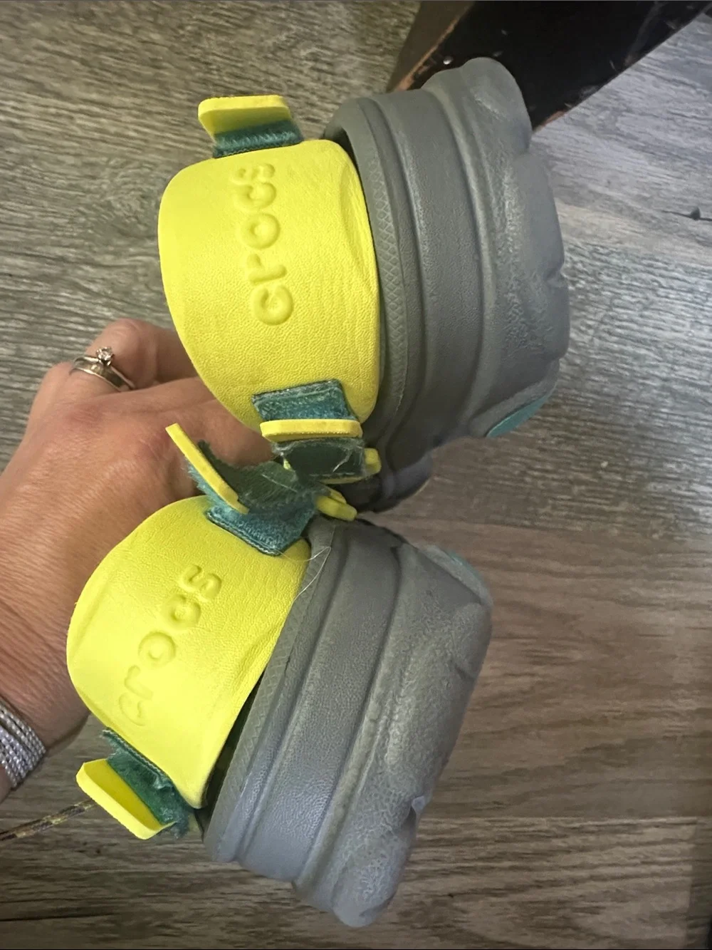 CROCS all terrain Clogs in Gray with Yellow Heel Strap kids size J1